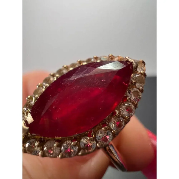 Marquis Ruby and white zircon halo ring in rose gold over sterling silver size 9 - Picture 5 of 11